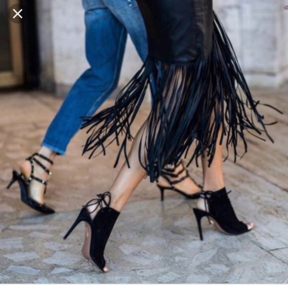 Aquazzura Black Mayfair Open-Toe Suede Lace-Up Bootie Sandals Size 8.5